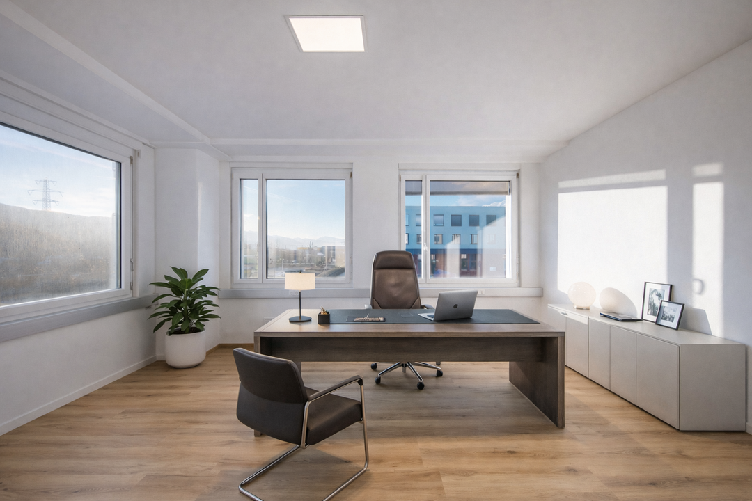 Eckbüro mit KI-Möblierung